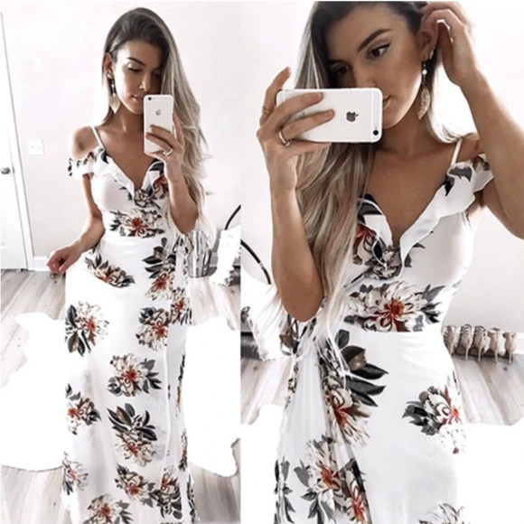 Rouge! Dresses & Skirts - White Floral Ruffle Detail Off Shoulder Maxi Dress